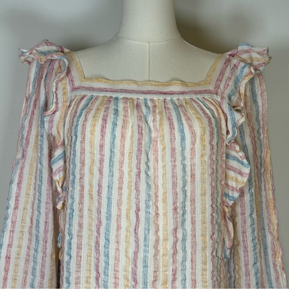 CHAPS Square Neck Striped Peasant Blouse Cotton Linen Blend Women’s Size Medium - Picture 4 of 10